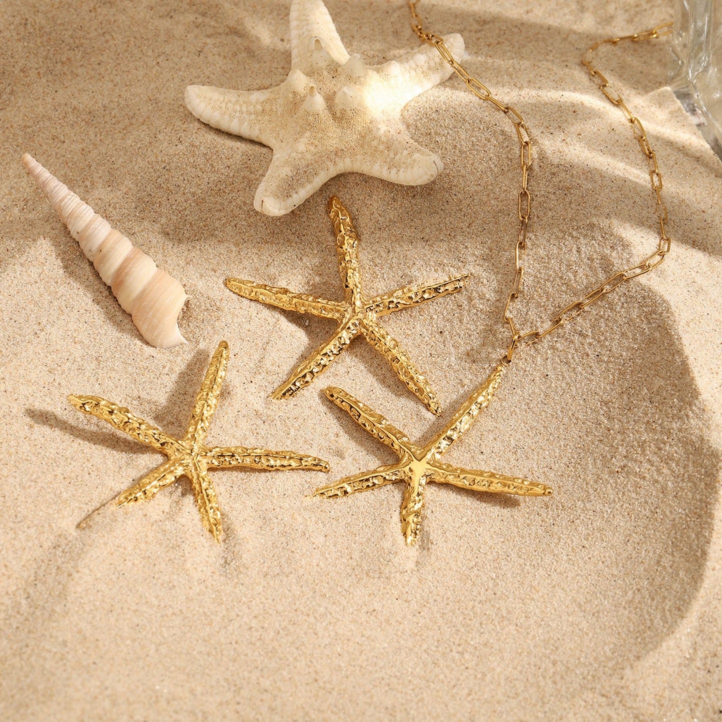 18K Gold Plated Oversized Starfish Necklace & Earrings Set • Waterproof Stainless Steel Hammered Statement Jewelry