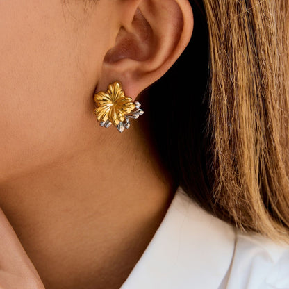 Boucles d'oreilles puces Fleur Duo – Boucles d'oreilles doubles fleurs en acier inoxydable bicolore imperméable