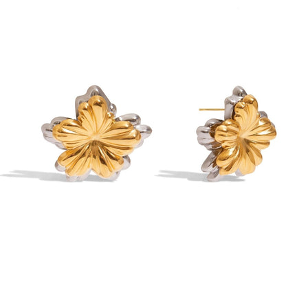 Boucles d'oreilles puces Fleur Duo – Boucles d'oreilles doubles fleurs en acier inoxydable bicolore imperméable