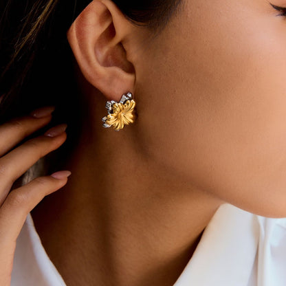 Boucles d'oreilles puces Fleur Duo – Boucles d'oreilles doubles fleurs en acier inoxydable bicolore imperméable