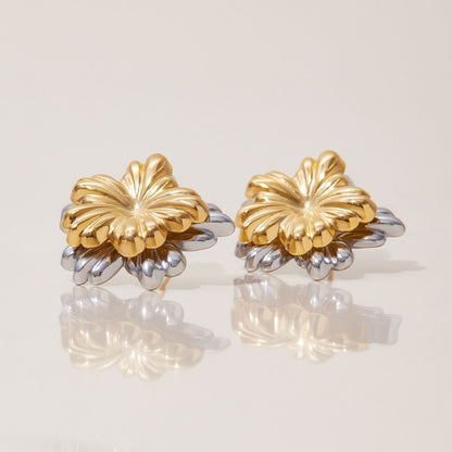 Boucles d'oreilles puces Fleur Duo – Boucles d'oreilles doubles fleurs en acier inoxydable bicolore imperméable