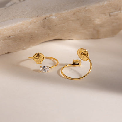 Bague ajustable Coquillage Océan - Bague en acier inoxydable plaqué or 18 carats avec zircone