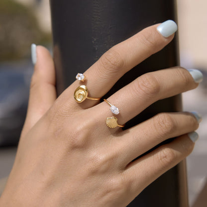 Bague ajustable Coquillage Océan - Bague en acier inoxydable plaqué or 18 carats avec zircone