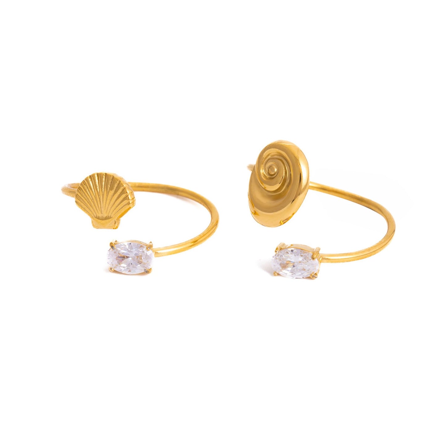 Bague ajustable Coquillage Océan - Bague en acier inoxydable plaqué or 18 carats avec zircone