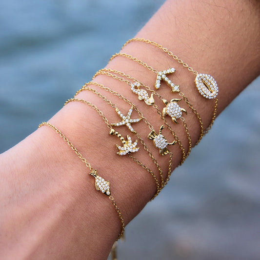 18K Gold Plated Ocean Charm Bracelet • Waterproof Stainless Steel Cubic Zirconia Beach Jewelry For Summer Holidays