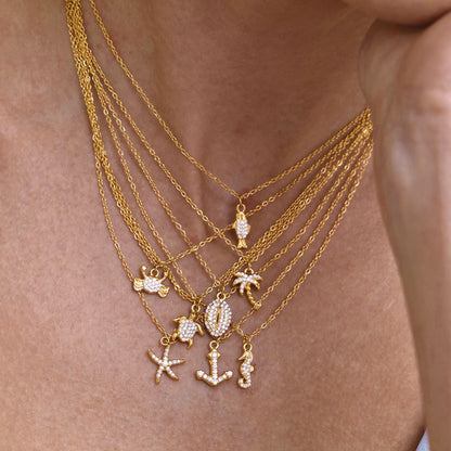 18K Gold Plated Ocean Charm Necklace • Waterproof Stainless Steel Cubic Zirconia Beach Jewelry