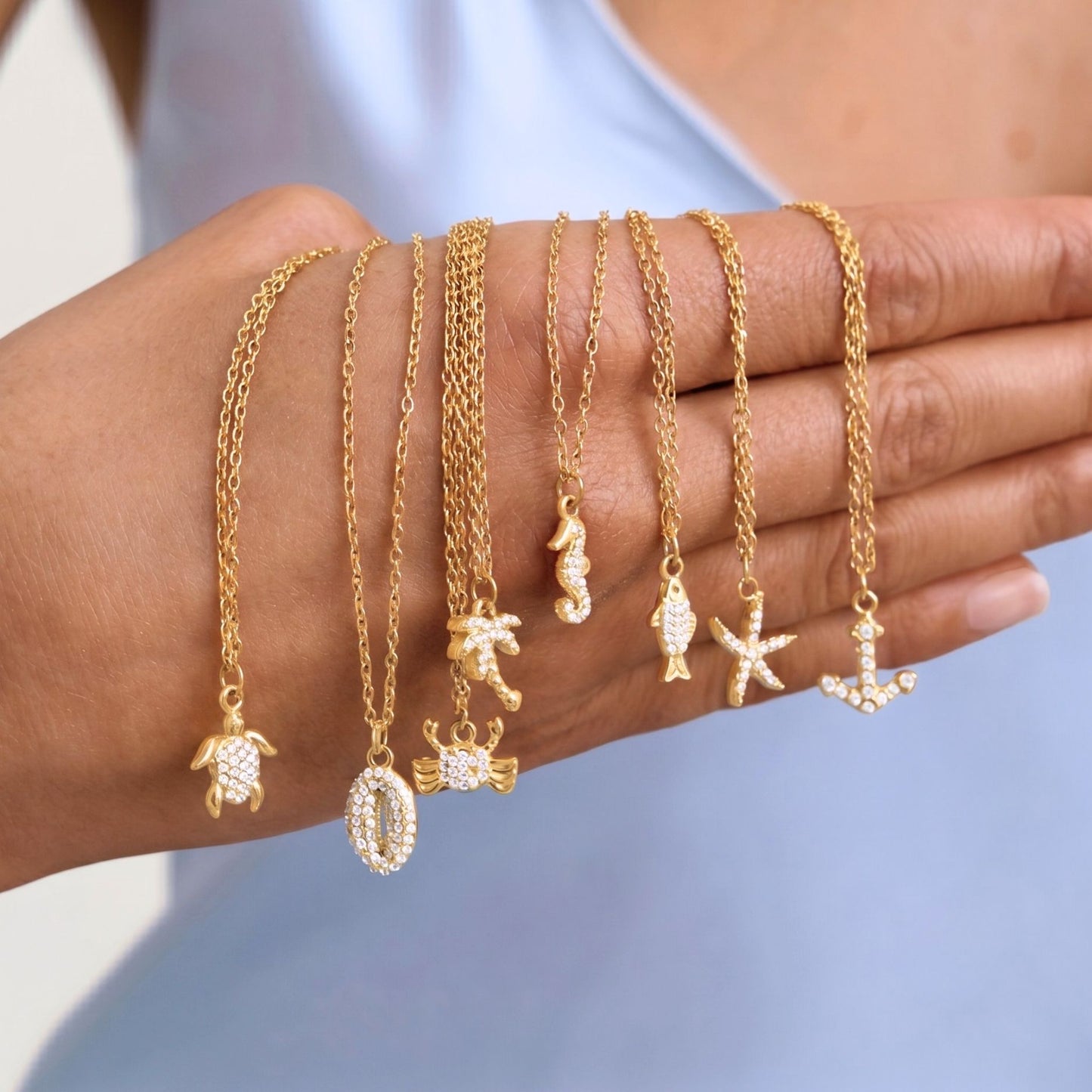 18K Gold Plated Ocean Charm Necklace • Waterproof Stainless Steel Cubic Zirconia Beach Jewelry