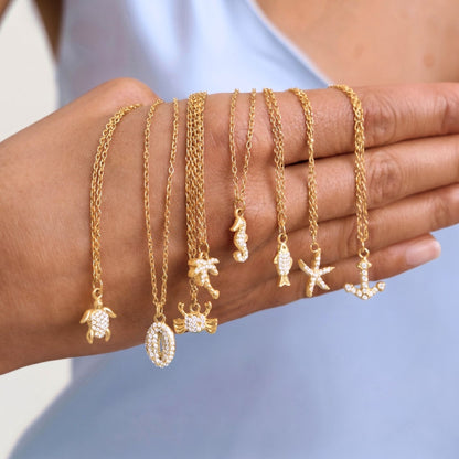 18K Gold Plated Ocean Charm Necklace • Waterproof Stainless Steel Cubic Zirconia Beach Jewelry