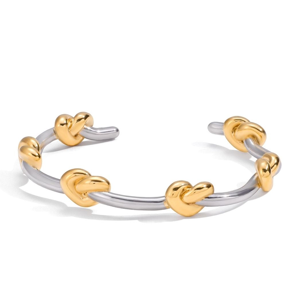 Entwined Knot open bangle in gold and silver, top view