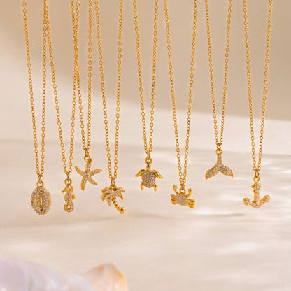 18K Gold Plated Ocean Charm Necklace • Waterproof Stainless Steel Cubic Zirconia Beach Jewelry