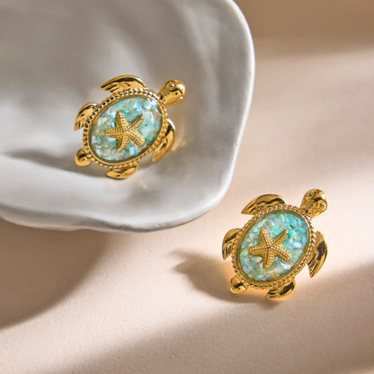 Boucles d'oreilles clous tortue de mer turquoise - Boucles d'oreilles détail étoile de mer en acier inoxydable plaqué or 18 carats