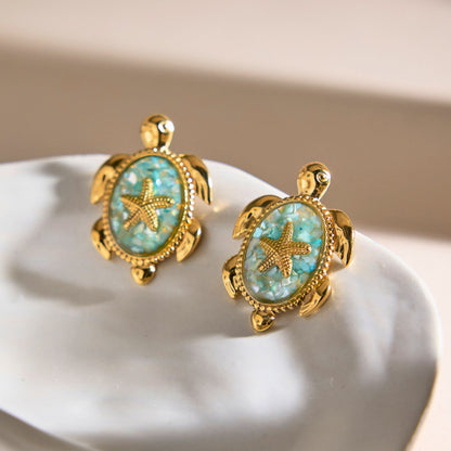 Boucles d'oreilles clous tortue de mer turquoise - Boucles d'oreilles détail étoile de mer en acier inoxydable plaqué or 18 carats