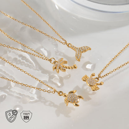 18K Gold Plated Ocean Charm Necklace • Waterproof Stainless Steel Cubic Zirconia Beach Jewelry