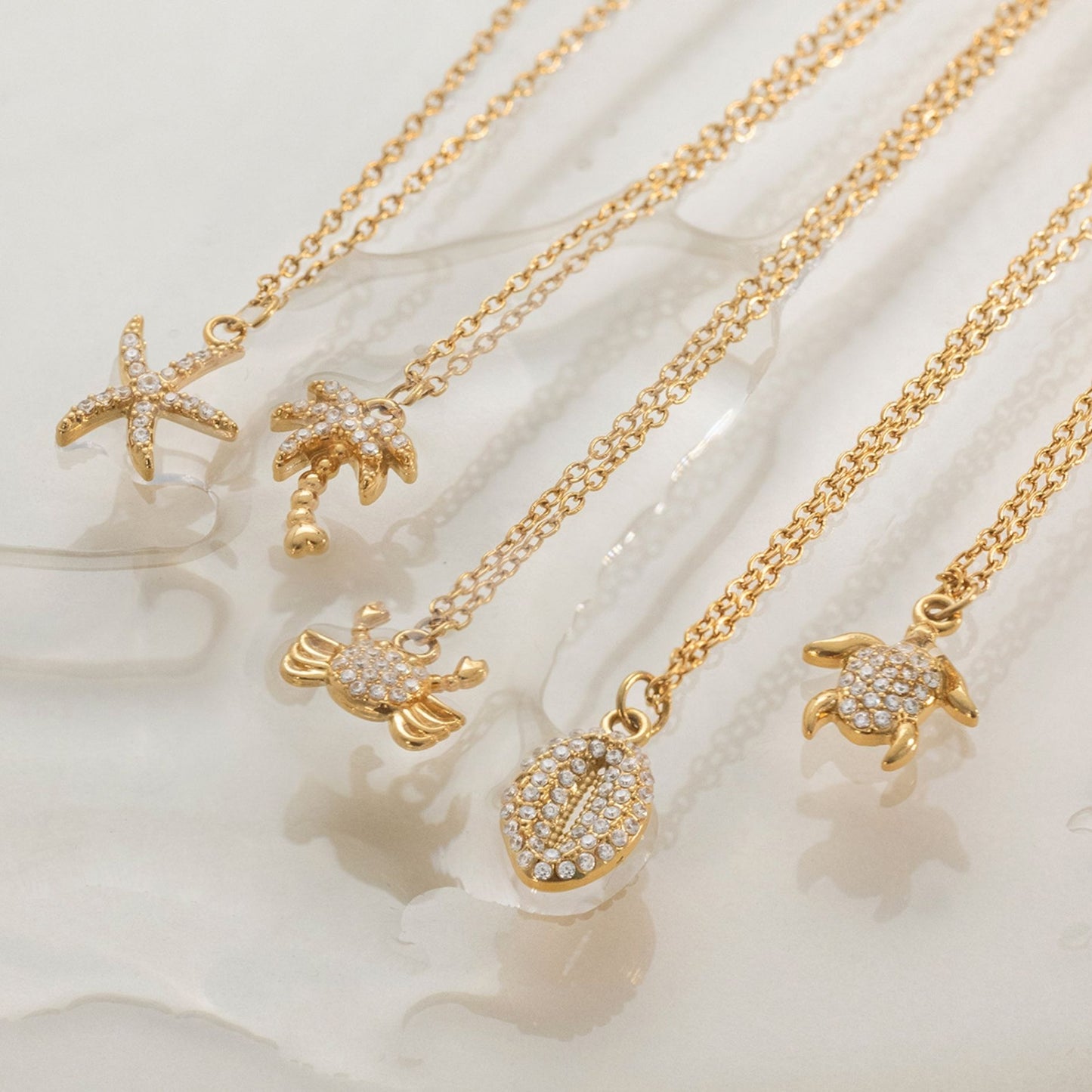 18K Gold Plated Ocean Charm Necklace • Waterproof Stainless Steel Cubic Zirconia Beach Jewelry