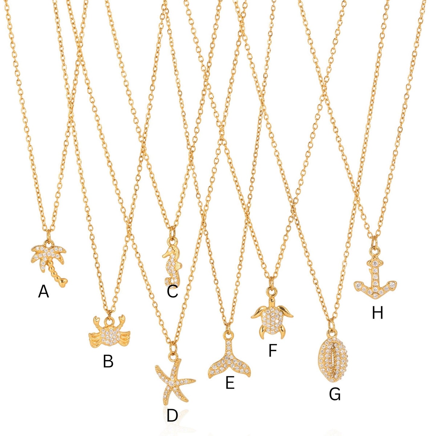 18K Gold Plated Ocean Charm Necklace • Waterproof Stainless Steel Cubic Zirconia Beach Jewelry