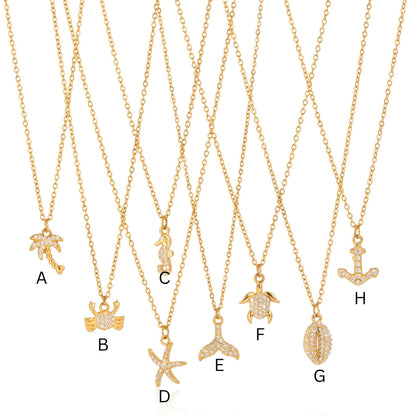 18K Gold Plated Ocean Charm Necklace • Waterproof Stainless Steel Cubic Zirconia Beach Jewelry