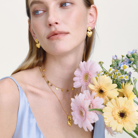 Waterproof Gold Daisy Heart Pendant Necklace & Drop Earrings – Hypoallergenic Floral Jewelry Set