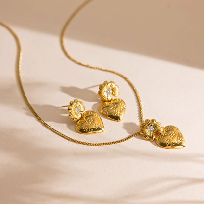 Waterproof Gold Daisy Heart Pendant Necklace & Drop Earrings – Hypoallergenic Floral Jewelry Set