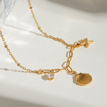 18K Gold Plated Mixed Chain Ocean Charm Necklace • Waterproof Stainless Steel Seashell Starfish Jewelry