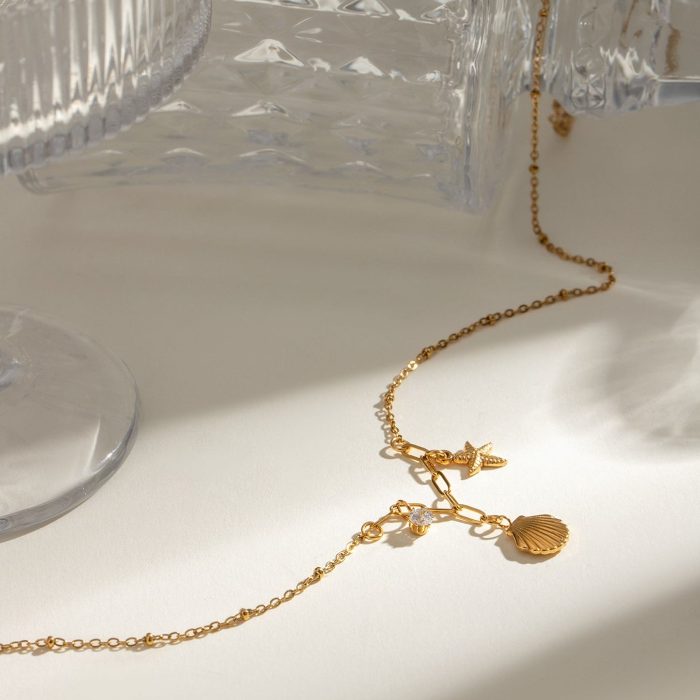18K Gold Plated Mixed Chain Ocean Charm Necklace • Waterproof Stainless Steel Seashell Starfish Jewelry