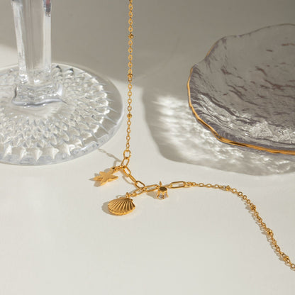 18K Gold Plated Mixed Chain Ocean Charm Necklace • Waterproof Stainless Steel Seashell Starfish Jewelry