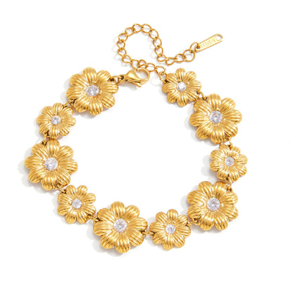 Waterproof Daisy Floral Jewelry Set – Hypoallergenic Gold Stainless Steel Collar Necklace, Dangle Earrings, Charm Bracelet & Complete Set