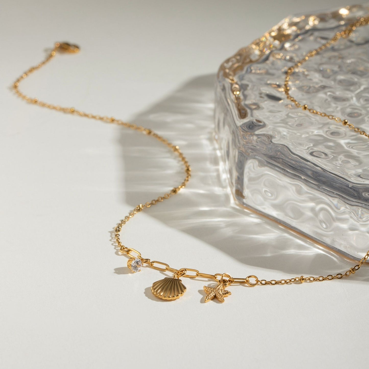 18K Gold Plated Mixed Chain Ocean Charm Necklace • Waterproof Stainless Steel Seashell Starfish Jewelry