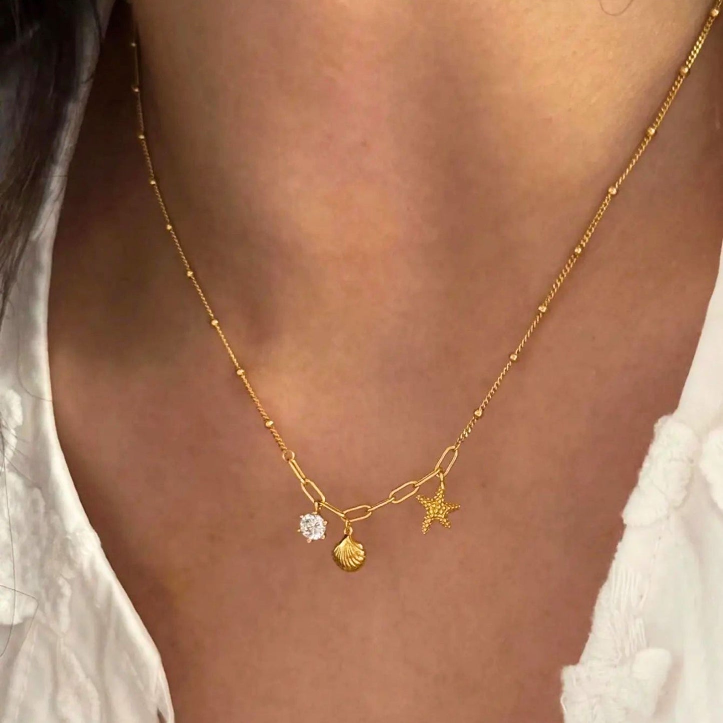 18K Gold Plated Mixed Chain Ocean Charm Necklace • Waterproof Stainless Steel Seashell Starfish Jewelry