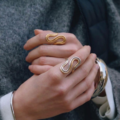 Bague Soren Wavy – Bagues en acier inoxydable bicolore, imperméables et résistantes au ternissement