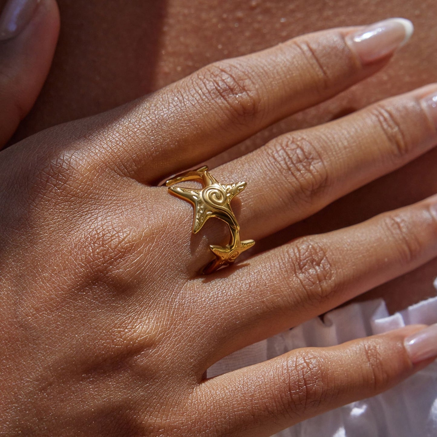 18K Gold Plated Ocean Statement Ring • Waterproof Stainless Steel Beach Jewelry