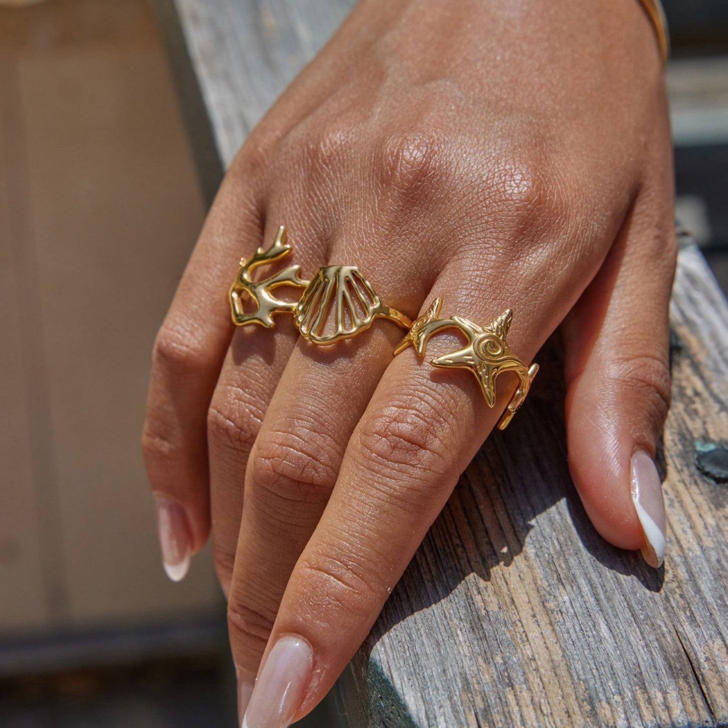 18K Gold Plated Ocean Statement Ring • Waterproof Stainless Steel Beach Jewelry