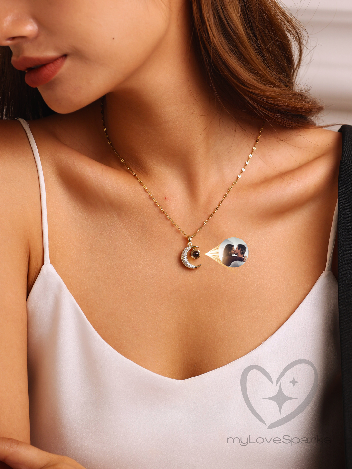 Personalized Photo Projection Necklace with Moon Pendant