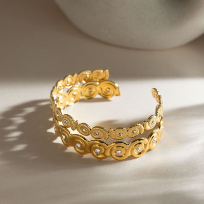 18K Gold Plated Nautilus Wave Cuff Bracelet • Waterproof Stainless Steel Cubic Zirconia Ocean Jewelry