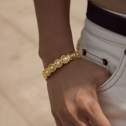 18K Gold Plated Nautilus Wave Cuff Bracelet • Waterproof Stainless Steel Cubic Zirconia Ocean Jewelry