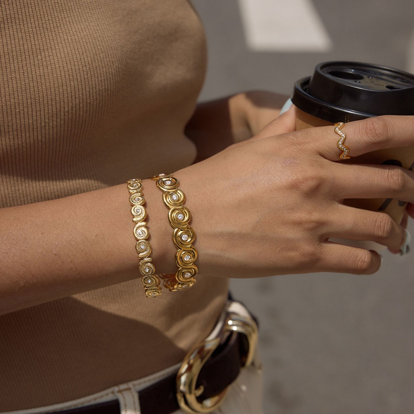 18K Gold Plated Nautilus Wave Cuff Bracelet • Waterproof Stainless Steel Cubic Zirconia Ocean Jewelry