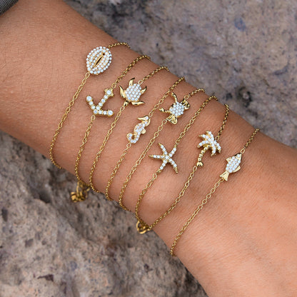 18K Gold Plated Ocean Charm Bracelet • Waterproof Stainless Steel Cubic Zirconia Beach Jewelry For Summer Holidays