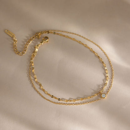 18K Gold Plated Double Layer Anklet • Waterproof Stainless Steel Layered Cubic Zirconia Foot Jewelry