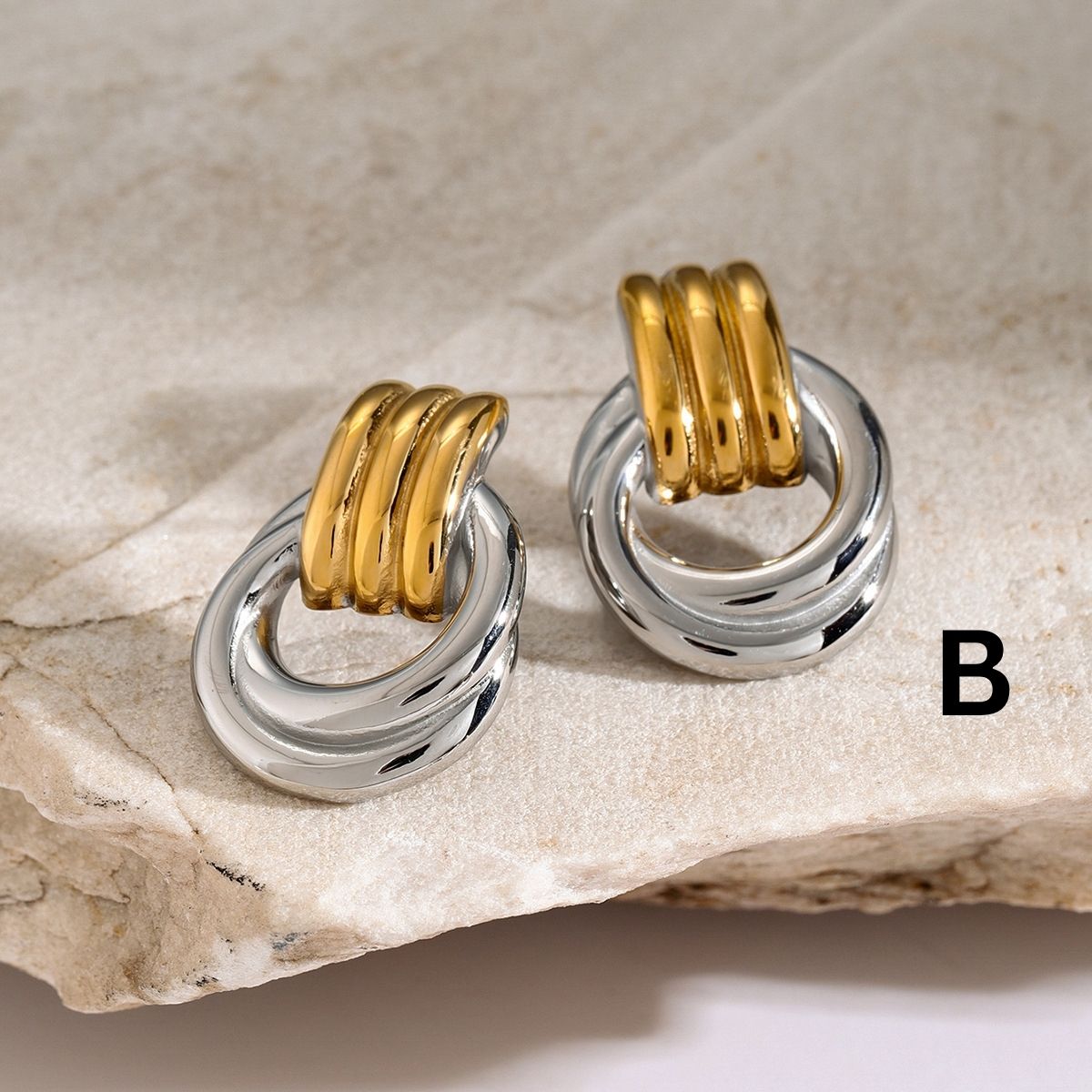 Orecchini a bottone e pendenti Sculpted Duo - Orecchini importanti in acciaio inossidabile bicolore impermeabile