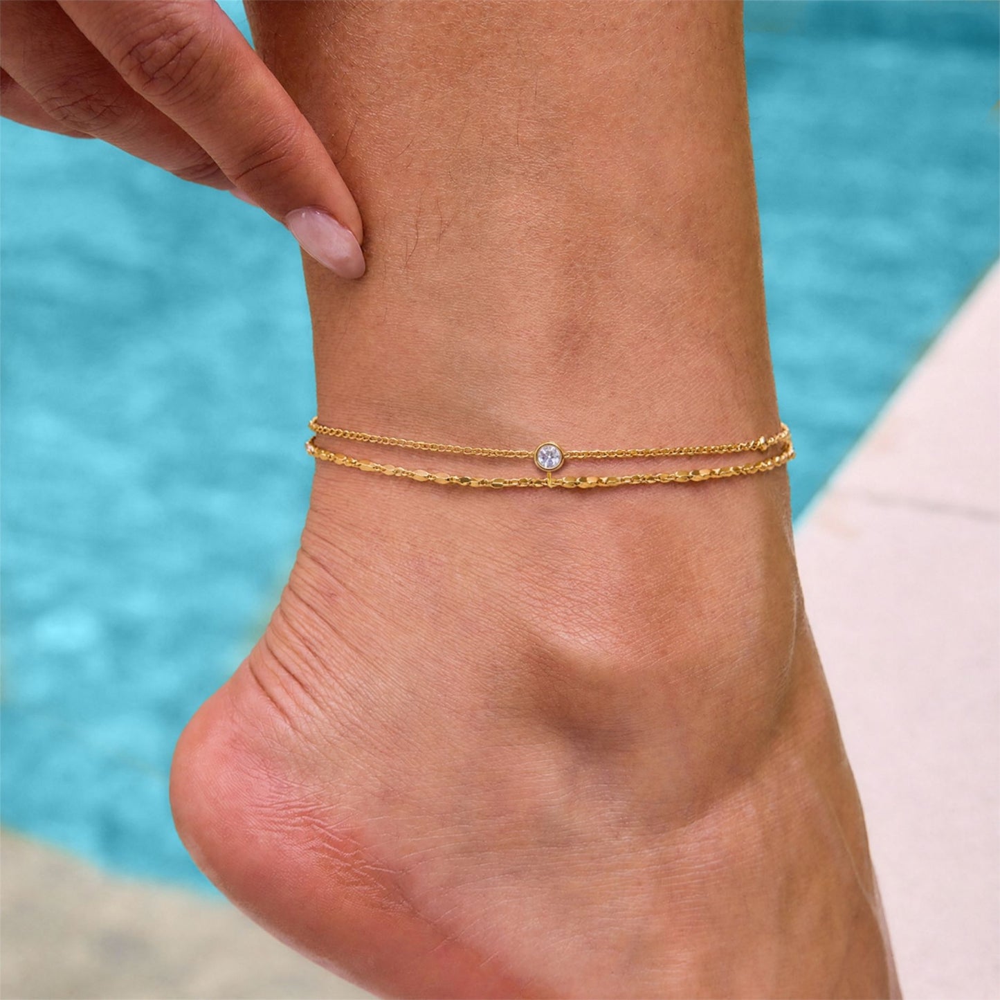 18K Gold Plated Double Layer Anklet • Waterproof Stainless Steel Layered Cubic Zirconia Foot Jewelry