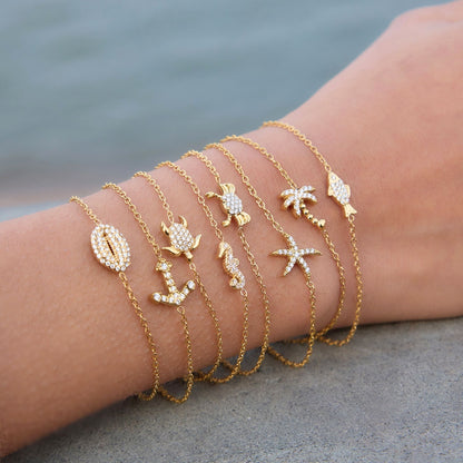 18K Gold Plated Ocean Charm Bracelet • Waterproof Stainless Steel Cubic Zirconia Beach Jewelry For Summer Holidays