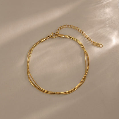 18K Gold Plated Triple Strand Herringbone Anklet • Waterproof Stainless Steel Liquid Snake Chain Foot Jewelry