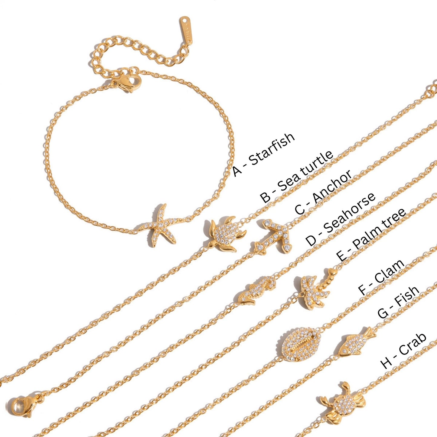 18K Gold Plated Ocean Charm Bracelet • Waterproof Stainless Steel Cubic Zirconia Beach Jewelry For Summer Holidays