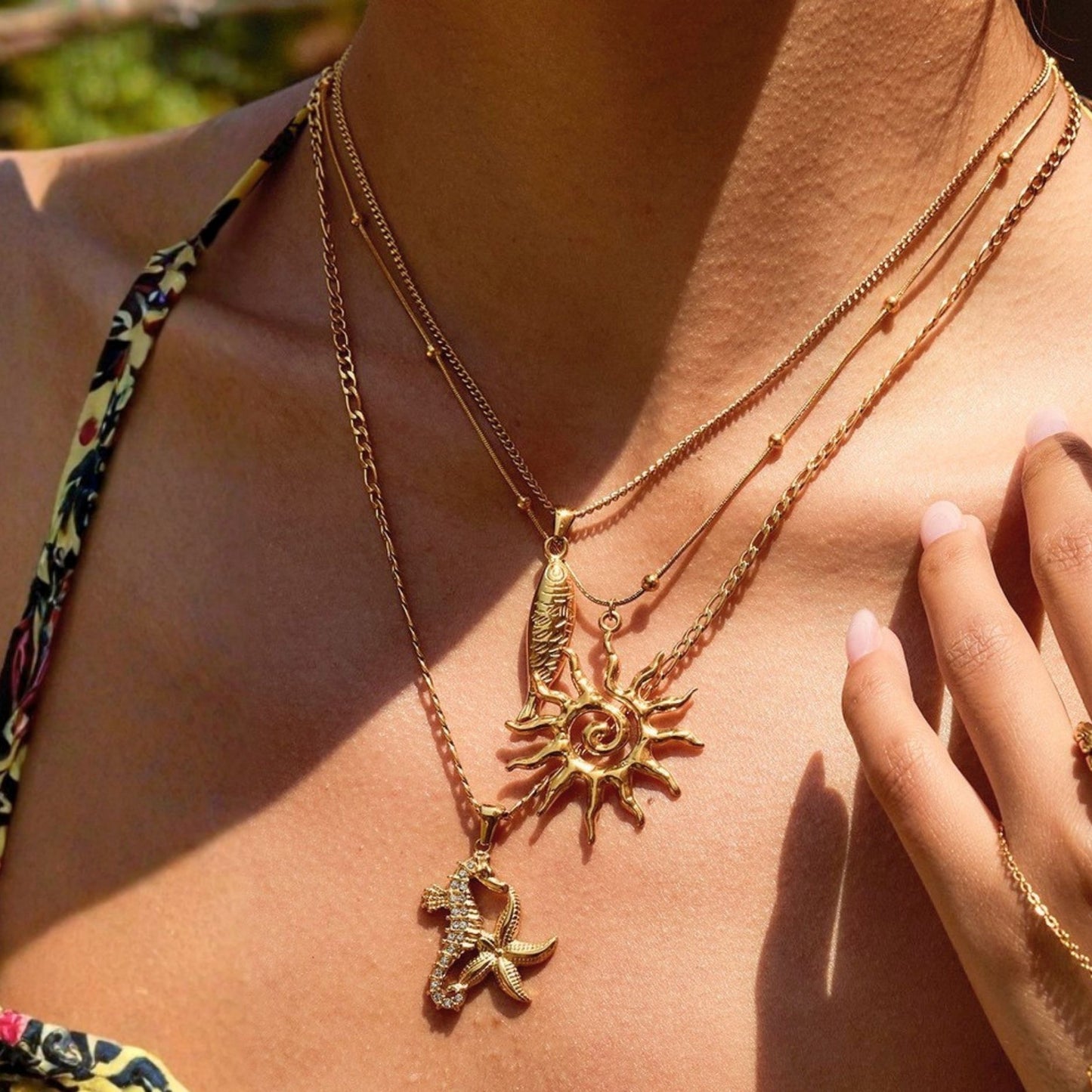 18K Gold Plated Ocean Statement Pendant Necklace • Waterproof Stainless Steel Cubic Zirconia Sun Seahorse Jewelry