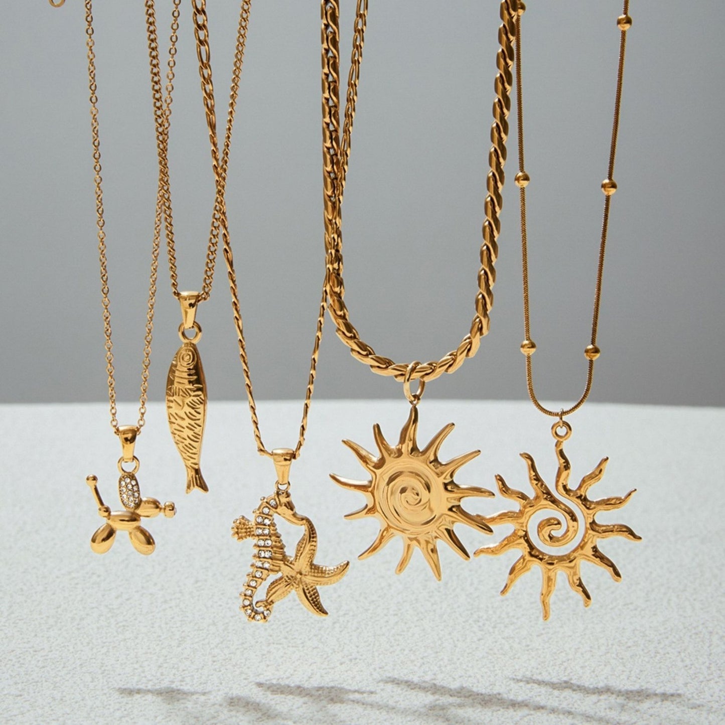 18K Gold Plated Ocean Statement Pendant Necklace • Waterproof Stainless Steel Cubic Zirconia Sun Seahorse Jewelry