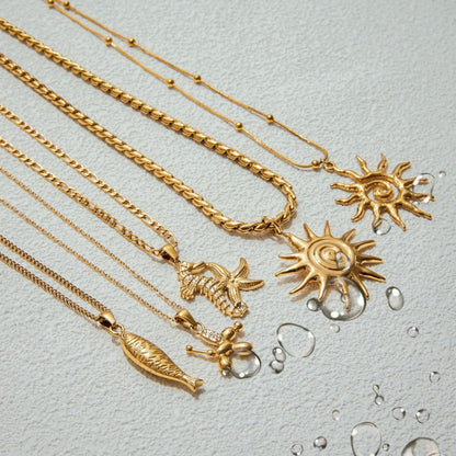 18K Gold Plated Ocean Statement Pendant Necklace • Waterproof Stainless Steel Cubic Zirconia Sun Seahorse Jewelry