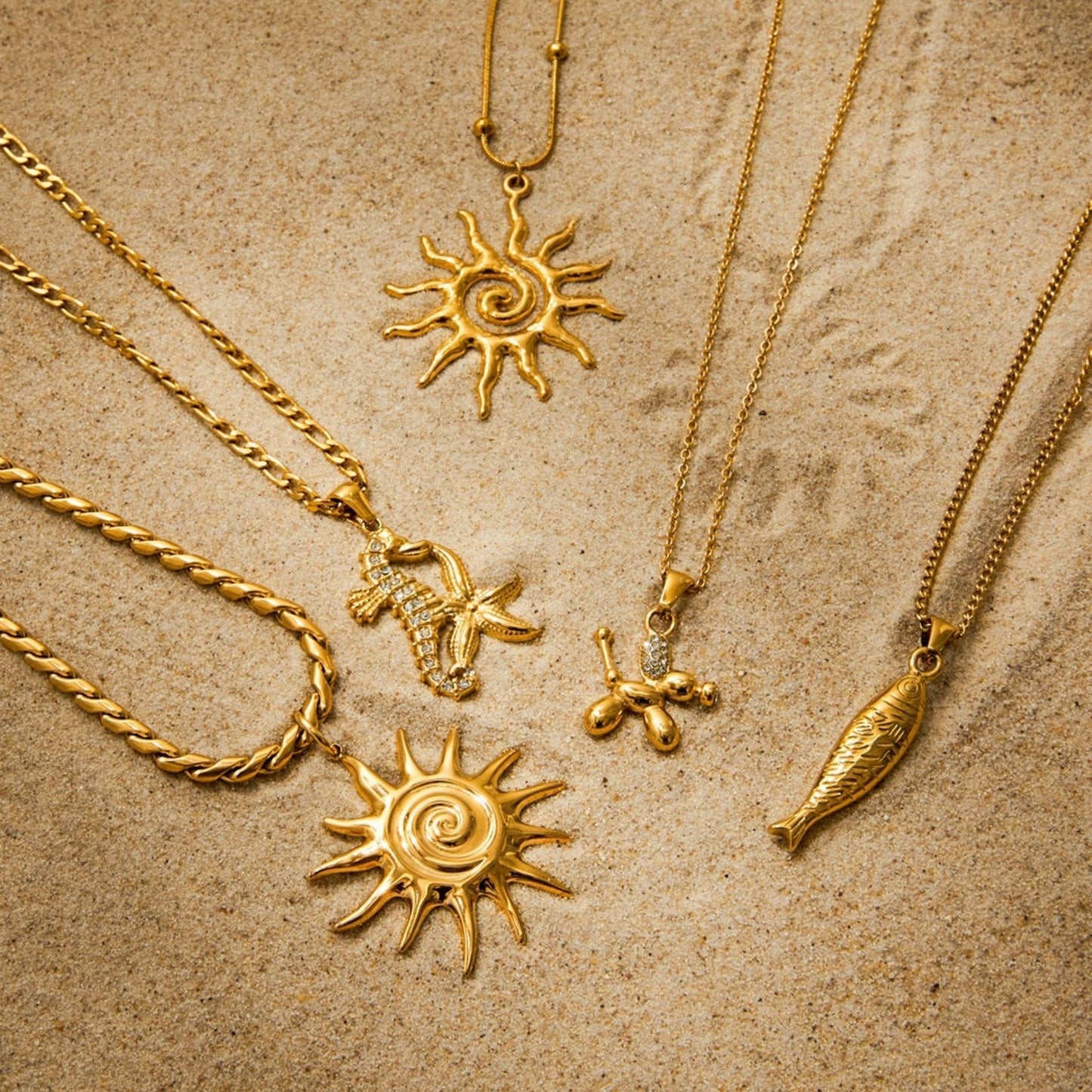 18K Gold Plated Ocean Statement Pendant Necklace • Waterproof Stainless Steel Cubic Zirconia Sun Seahorse Jewelry