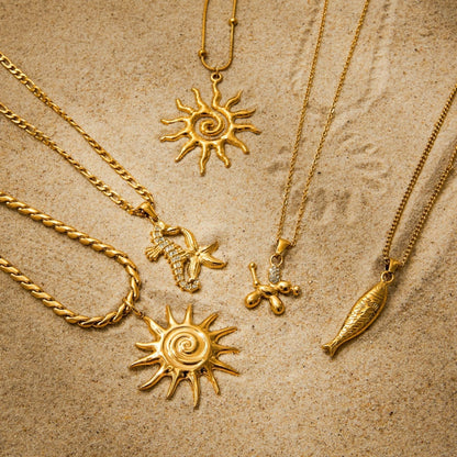 18K Gold Plated Ocean Statement Pendant Necklace • Waterproof Stainless Steel Cubic Zirconia Sun Seahorse Jewelry