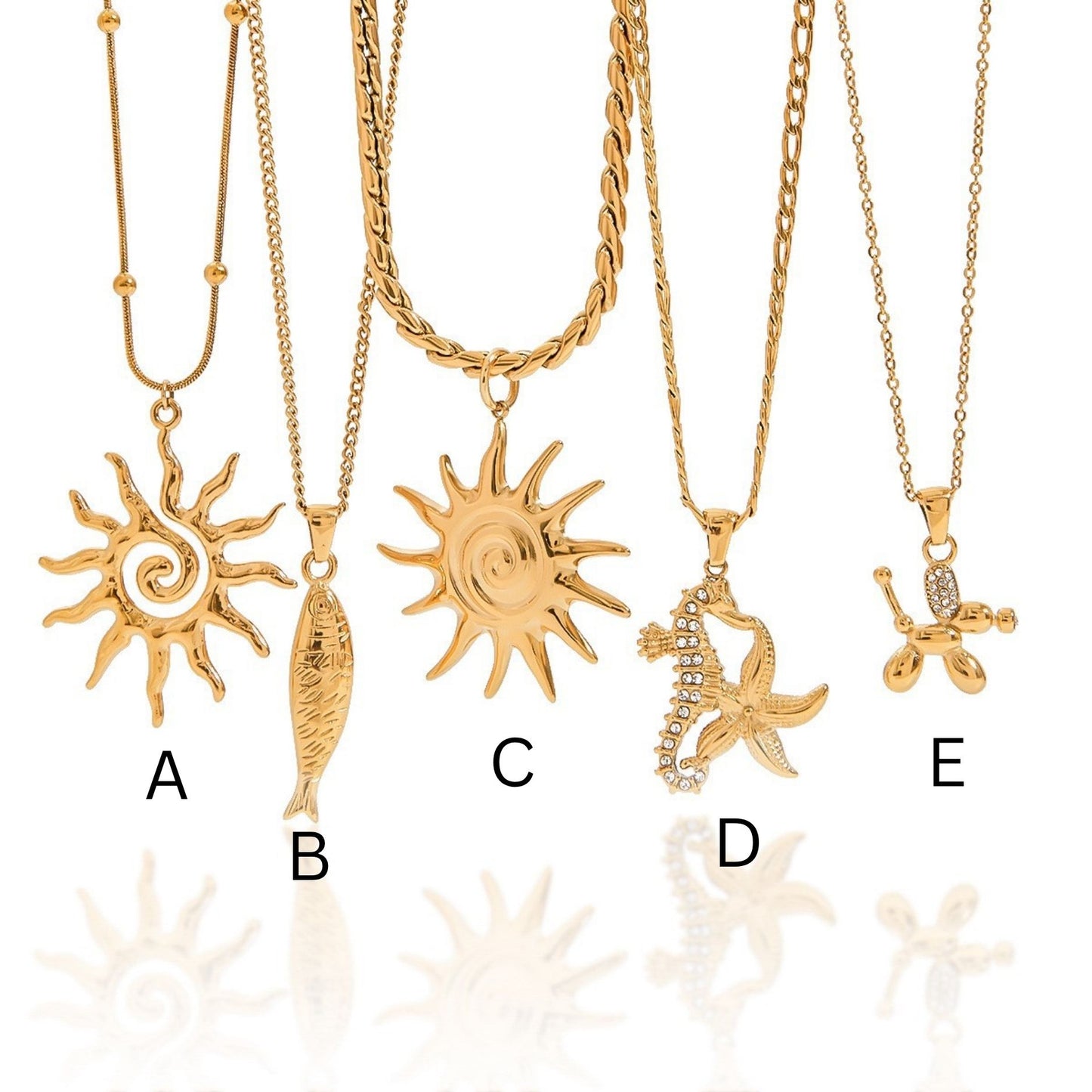 18K Gold Plated Ocean Statement Pendant Necklace • Waterproof Stainless Steel Cubic Zirconia Sun Seahorse Jewelry