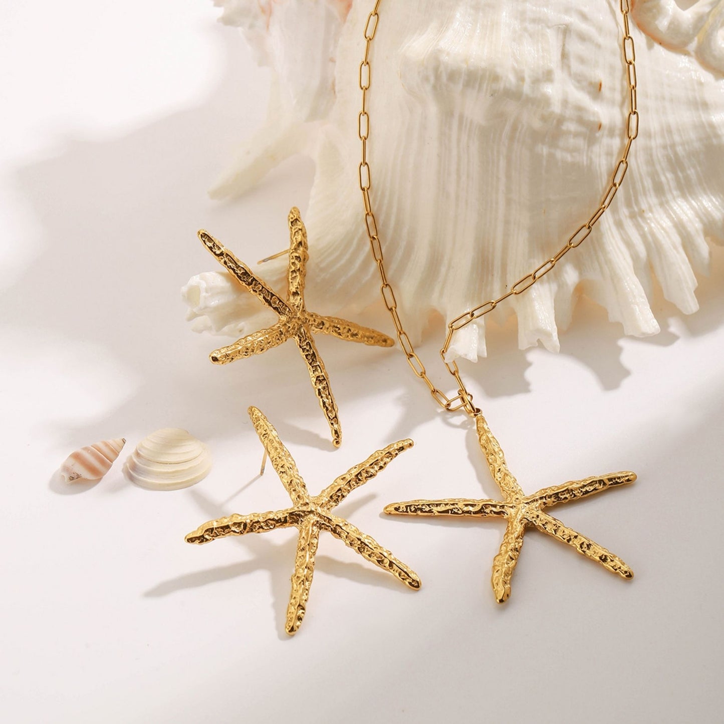 18K Gold Plated Oversized Starfish Necklace & Earrings Set • Waterproof Stainless Steel Hammered Statement Jewelry