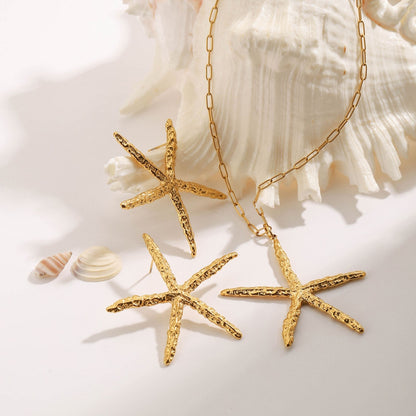 18K Gold Plated Oversized Starfish Necklace & Earrings Set • Waterproof Stainless Steel Hammered Statement Jewelry